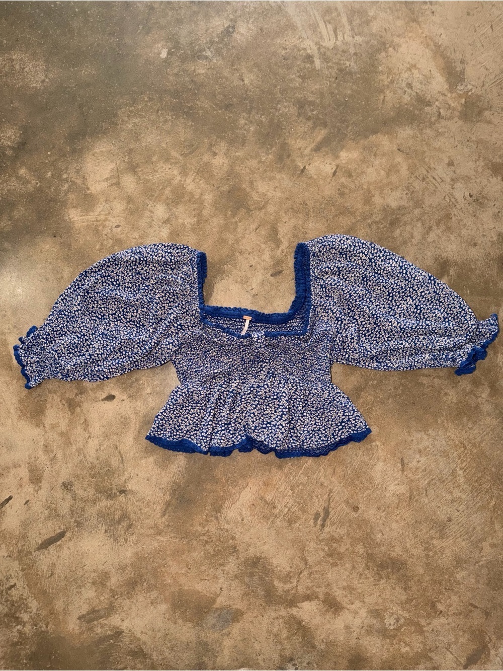 Free People Blue Ditsy Floral Smocked Peplum Puff Sleeve Top XS